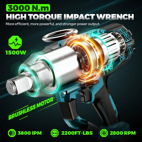 Heavy Duty Cordless Impact Wrench 1 Inch Drive Brushless Motor Provides 3000Nm Ultra High Torque And Powerful 3800 Ipms Rpm close-up with details.
