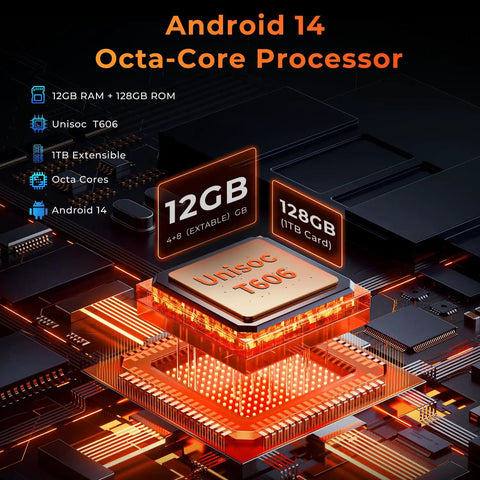 Heavy Duty Rugged Tablet Running Android 14 With Octa Core Muscle And A Vivid Ten Point One Inch Display Built Like A Tank To Crush The Daily Grind While Withstanding Blows And Rough Terrain No Cap showing Unisoc T606 processor, 12GB RAM, 128GB ROM.