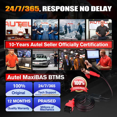 Collage showcasing BTMS Pro Grade Car Battery Tester Memory Saver for OBD2 Vehicles with certifications and product close-up.