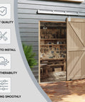 8 Foot Box Rail Exterior Sliding Barn Door Hardware Kit Heavy Duty Track System, installed on wooden wall with open door.