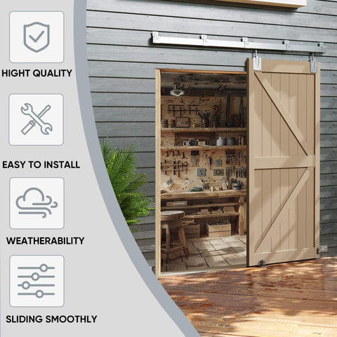 8 Foot Box Rail Exterior Sliding Barn Door Hardware Kit Heavy Duty Track System, installed on wooden wall with open door.
