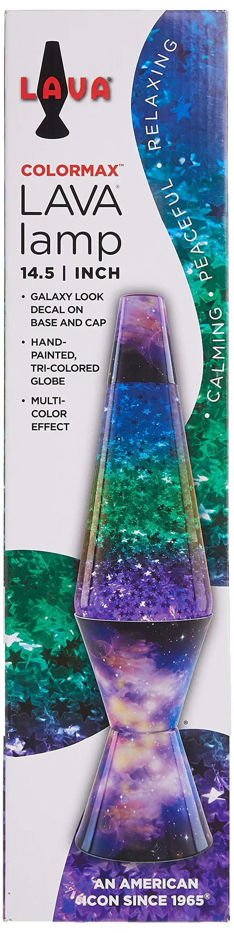 Colormax 14.5 Inch Galaxy Motion Lamp With Silver Glitter Liquid And Clear Fluid Tri Color Globe Galaxy Base Decor on box