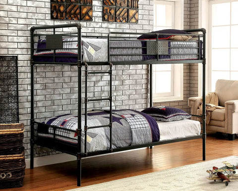 Twin Over Twin Metal Bunk Bed With Attached Ladder Full Pipe Frame Upper Guard Rails Antique Black Finish Built Tough