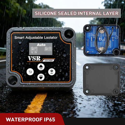 Heavy Duty Dual Battery Isolator Kit with silicone sealed layer, IP65 waterproof, and LED display for Truck Camping and Off Grid Adventures.