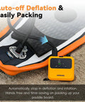 Mini Paddle Board Pump Pulse Pro in use, orange, on sand, connected to paddle board, auto-off feature visible