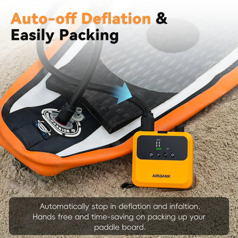 Mini Paddle Board Pump Pulse Pro in use, orange, on sand, connected to paddle board, auto-off feature visible