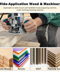 Person using a handheld router on wood, multiple material types including solid wood, acrylic, MDF, and particle board displayed.