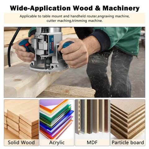 Person using a handheld router on wood, multiple material types including solid wood, acrylic, MDF, and particle board displayed.