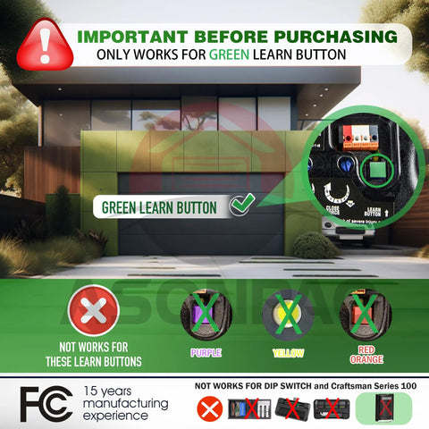 Image highlighting compatibility with Green Learn Button for Two Pack Replacement Garage Door Opener Remote for LiftMaster models.
