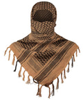 Military Style Shemagh Desert Scarf Wrap 100 Percent Cotton Keffiyeh Neck Headwear in desert tan worn as a head wrap.