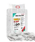 Rock Solid Recycled White Terry Cloth Rags 5 Lb Bag Ultra Absorbent Shop Towels in packaging with loose rags in front