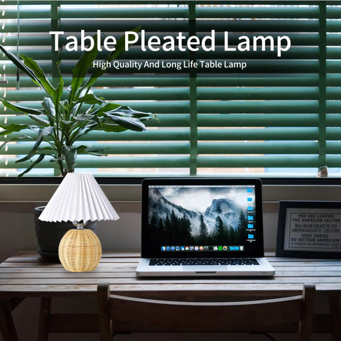Korean Pleated DIY Ceramic Table Lamp With Rattan Accent In White For Living Room Decor on wooden desk beside laptop
