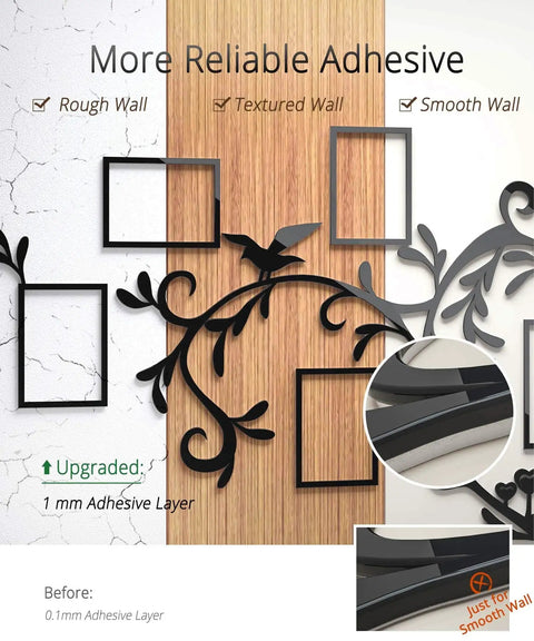 Love Family Tree Photo Frame Collage 3D DIY Acrylic Wall Decor adhesive strip detail for rough, textured, and smooth walls.