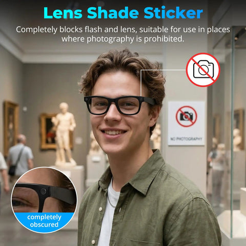 Person wearing Ray-Ban Meta with LED Light Blocking Sticker Kit, lens completely obscured in museum setting with no-photo sign.