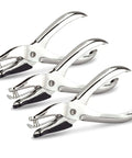Three Pack Single Hole Punch Pliers Set With 10 Sheet Capacity, Silver Finish, Ergonomic Left Or Right Hand Use, shown in a row
