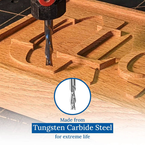 Complete CNC Router Bit Set For Woodworking, Nine Solid Carbide Bits With One Quarter Inch Shanks, carving a wooden sign