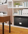 Fireproof Locking Document Box With Portable Handle in office shelving unit, waterproof filing storage for letter and legal folders.