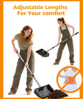 Person using Two In One Chicken Poop Scooper And Rake For Coop Cleanup, Adjustable From Thirty Five To Sixty Two Inches, Heavy Duty Stainless Steel Sifting Litter Shovel