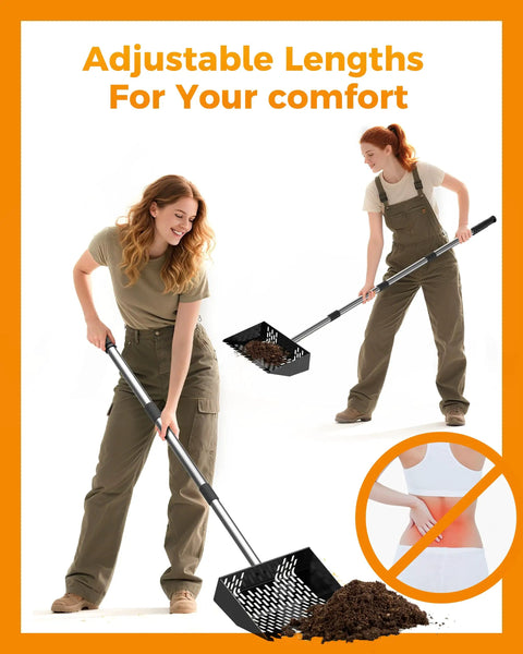 Person using Two In One Chicken Poop Scooper And Rake For Coop Cleanup, Adjustable From Thirty Five To Sixty Two Inches, Heavy Duty Stainless Steel Sifting Litter Shovel
