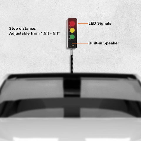 Advanced Garage Parking Aid With LED Light And Color Changing Distance Indicator Parking Sensor With Beep Alerts And Stop Light For Safe In Garage Parking No Hassle wall unit with red, yellow, green LEDs and built-in speaker