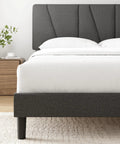 Straight Up Comfy Premium Upholstered Queen Bed Frame Featuring A Bold Asymmetric Headboard And Iron Clad Steel Base For A Seamless Setup Construction, dark grey headboard view.