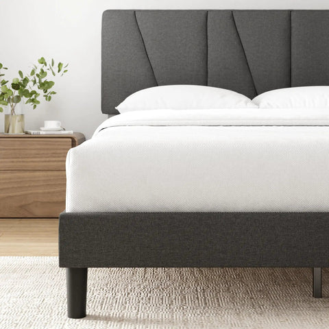 Straight Up Comfy Premium Upholstered Queen Bed Frame Featuring A Bold Asymmetric Headboard And Iron Clad Steel Base For A Seamless Setup Construction, dark grey headboard view.