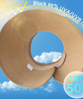 Women's Wide Brim Packable Straw Hat With Ponytail Opening For Beach And Travel Roll Up Sun Visor Foldable Khaki Open Top UPF 50+