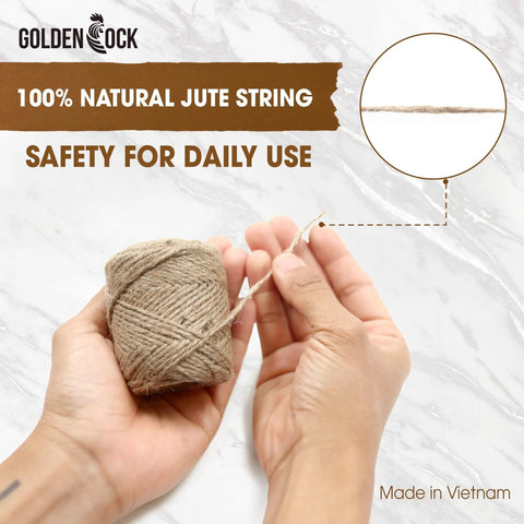 Hands holding 2mm Natural Jute Twine Rope 164 Ft Eco Friendly DIY Crafting String for garden projects and gift wrapping.