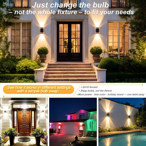 Dusk To Dawn Outdoor Lights For Front Door And Porch 5W LED Exterior Wall Sconces IP65 Waterproof Auto On Sensor featuring various settings.
