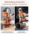 VEVOR magnetic drill press, orange and gray, drilling metal sheet (front view) and mounted on pipe (installed view)