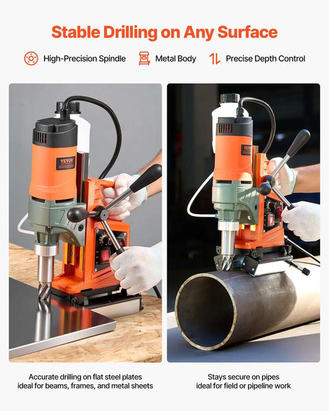 VEVOR magnetic drill press, orange and gray, drilling metal sheet (front view) and mounted on pipe (installed view)