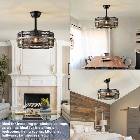 Farmhouse Style Ceiling Fan With Light Remote Control Reversible Bladeless Design 3 Speed Settings Fandelier in living room