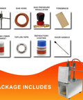 Package contents of Dual Burner Propane Blacksmith Forge With One Side Door 2600F Rated Heat for metalworking.