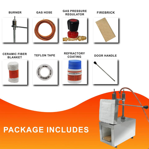 Package contents of Dual Burner Propane Blacksmith Forge With One Side Door 2600F Rated Heat for metalworking.