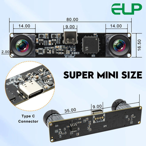 Ace Dual Lens Monochrome USB Camera Module Blitzing Global Shutter 210FPS 3D Stereo Vision Kit showcasing size and Type C connector details.