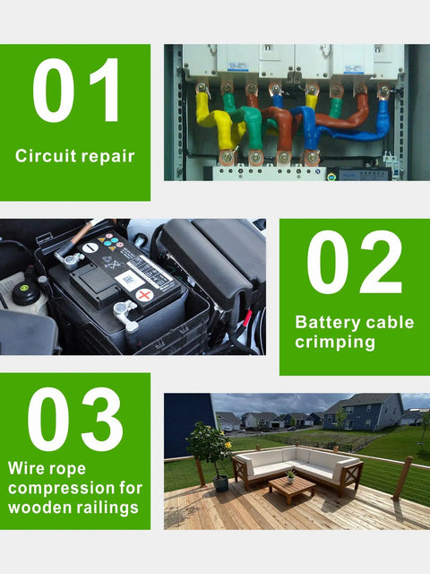 Steps showing circuit repair, battery cable crimping, and wire rope compression with 10 Ton Hydraulic Battery Cable Lug Crimping Tool Kit.