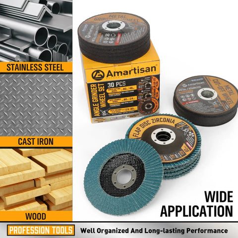 Heavy Duty 30 Pack Angle Grinder Wheel Set for 4-1/2 Inch Grinders Includes 20 Cut Off Wheels 5 Flap Discs 5 Grinding Wheels