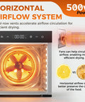 Solid Food Dehydrator With Eight Stainless Steel Trays For Fast Jerky And Fruit Drying features horizontal airflow system and 500w power.