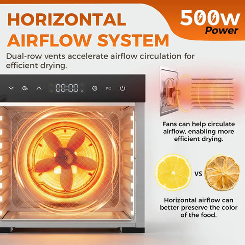 Solid Food Dehydrator With Eight Stainless Steel Trays For Fast Jerky And Fruit Drying features horizontal airflow system and 500w power.