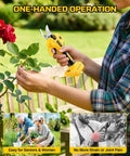 Cordless Electric Pruning Shears For DeWalt 20V Max Systems used for one-handed operation, cutting stems in a garden.