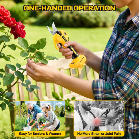 Cordless Electric Pruning Shears For DeWalt 20V Max Systems used for one-handed operation, cutting stems in a garden.