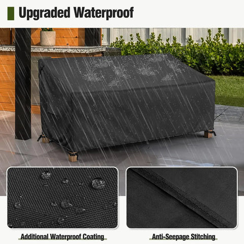 All Weather Outdoor Three Seater Couch Cover Waterproof Heavy Duty Polyester With Double Stitched Seams Fits 75 to 80 Inch Patio Sofa Up To 38 Inch Deep Classic Black under rain with close-ups of material and stitching