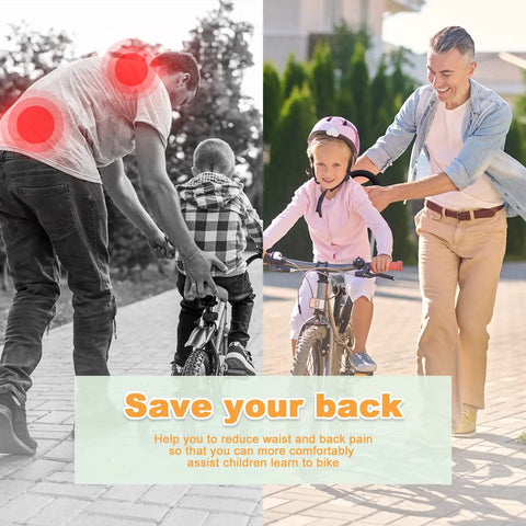 Parent guiding child with kids bicycle safety trainer push bar handle for balance and confidence helps little riders, gray