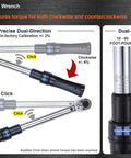 Image of a 3/8 Inch Drive Dual Direction Click Torque Wrench demonstrating clockwise and counterclockwise settings, 10-80 Ft-Lb range.