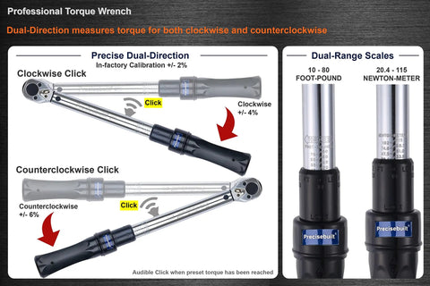 Image of a 3/8 Inch Drive Dual Direction Click Torque Wrench demonstrating clockwise and counterclockwise settings, 10-80 Ft-Lb range.