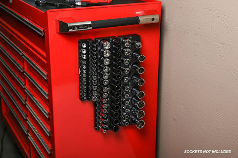 3/8 Inch Metric Magnetic Socket Organizer on toolbox, holding 15 standard and 15 deep sockets, fits 6mm to 20mm, sockets not included