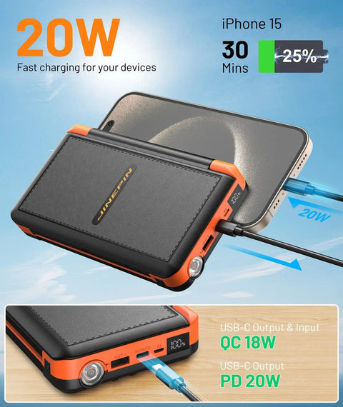 Massive 46800mAh Solar Power Bank with built-in cables charging a phone, displaying 20W fast charging and PD20W output.