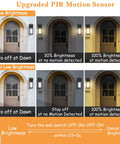 Diagram illustrating Large 15 Inch Black Dusk To Dawn Outdoor Wall Light With Photocell Sensor And PIR Motion Sensor on multiple settings.