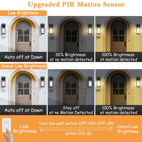 Diagram illustrating Large 15 Inch Black Dusk To Dawn Outdoor Wall Light With Photocell Sensor And PIR Motion Sensor on multiple settings.