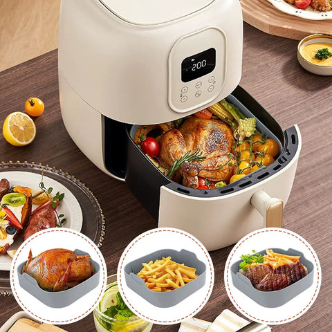 Reusable 8.1 Inch Silicone Air Fryer Pot Liners Set 2 Pack Square Oven Insert Easy Clean Food Safe Nonstick Bake Tray Improves Air Circulation For Crispier Results Includes Heat Proof Gloves with cooked chicken in air fryer
